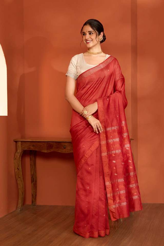 Red Bengal Pure Silk Cotton Jamdani Saree thumbnail image number null
