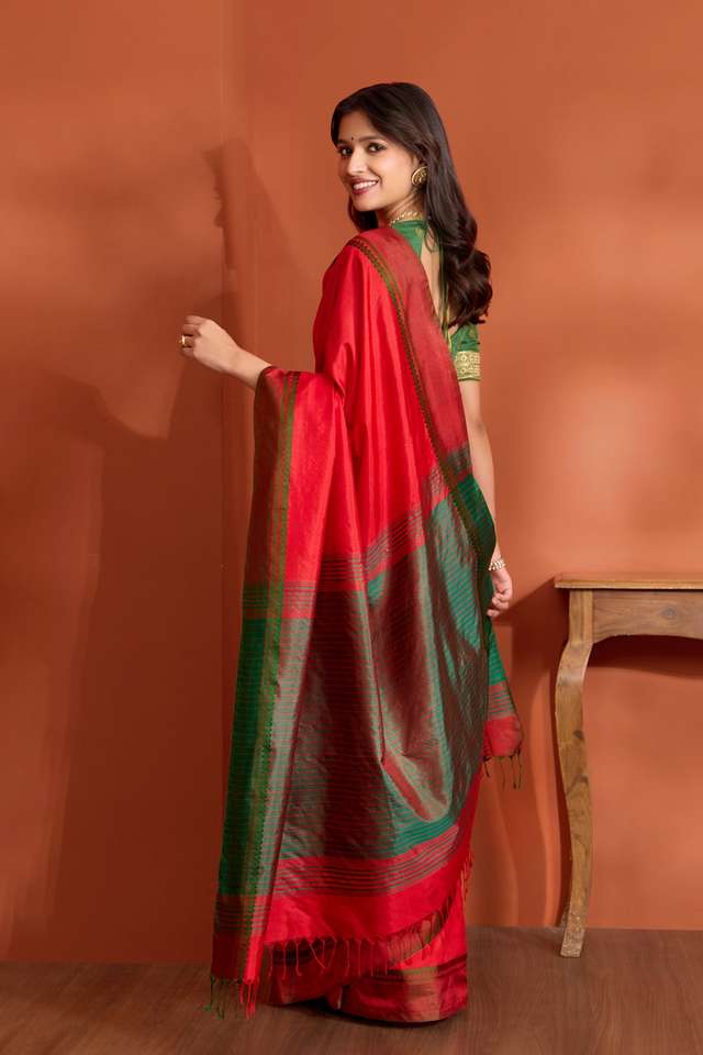 Red Pure Silk Bishnupur Woven Saree thumbnail image number null