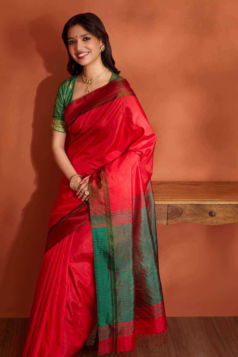 Red Pure Silk Bishnupur Woven Saree image number null