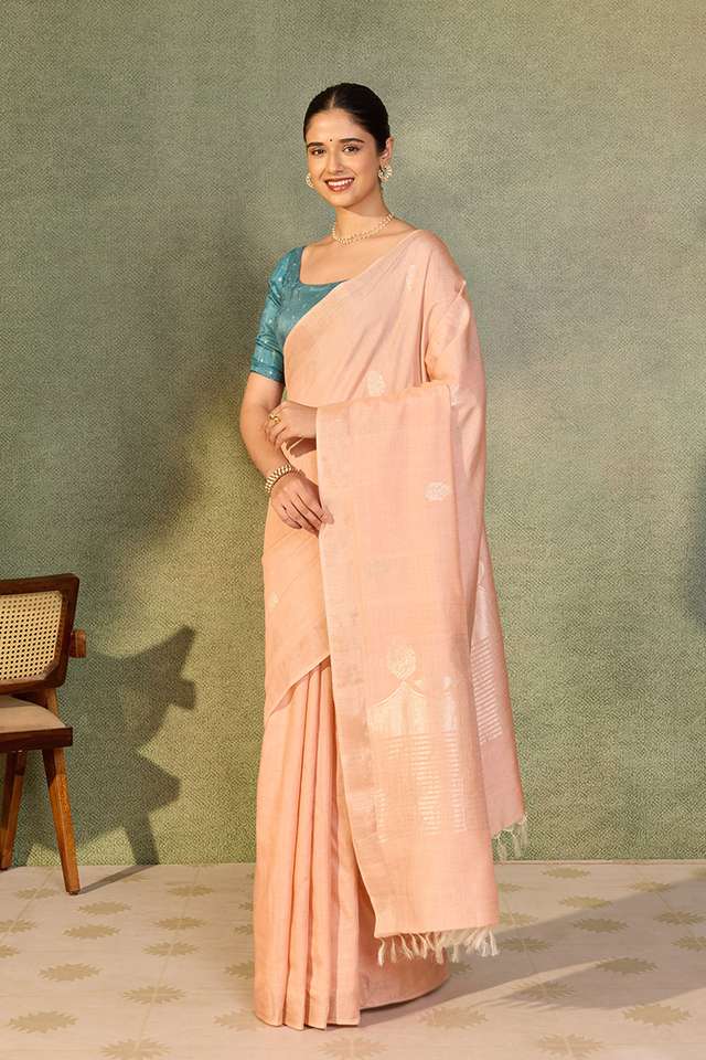 Light Pink Chattisgarh Woven Pure Tussar Silk Saree thumbnail image number null