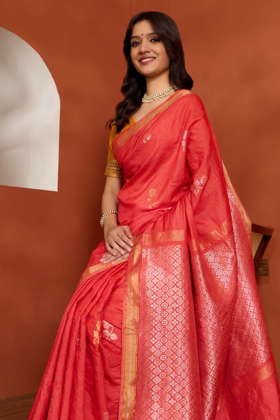 Red Pure Tussar Silk Chattisgarh Woven Saree