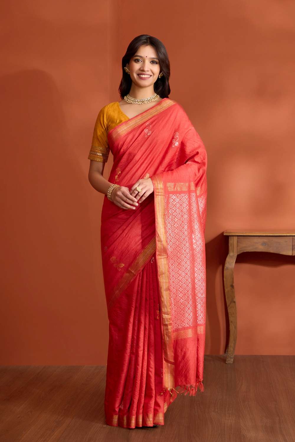 Red Pure Tussar Silk Chattisgarh Woven Saree image number null