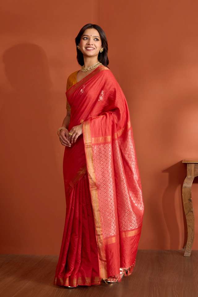 Red Pure Tussar Silk Chattisgarh Woven Saree thumbnail image number null