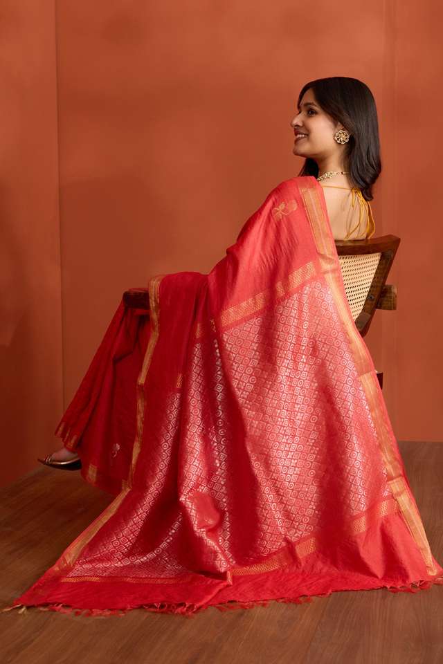 Red Pure Tussar Silk Chattisgarh Woven Saree thumbnail image number null