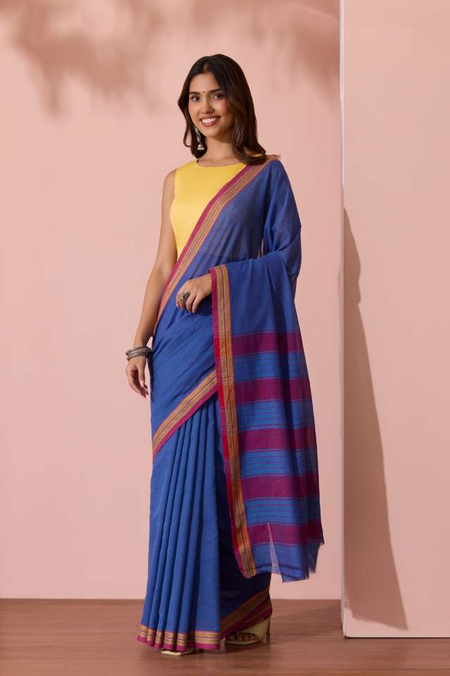 Blue Maharashtra Woven Pure Cotton Saree thumbnail image number null