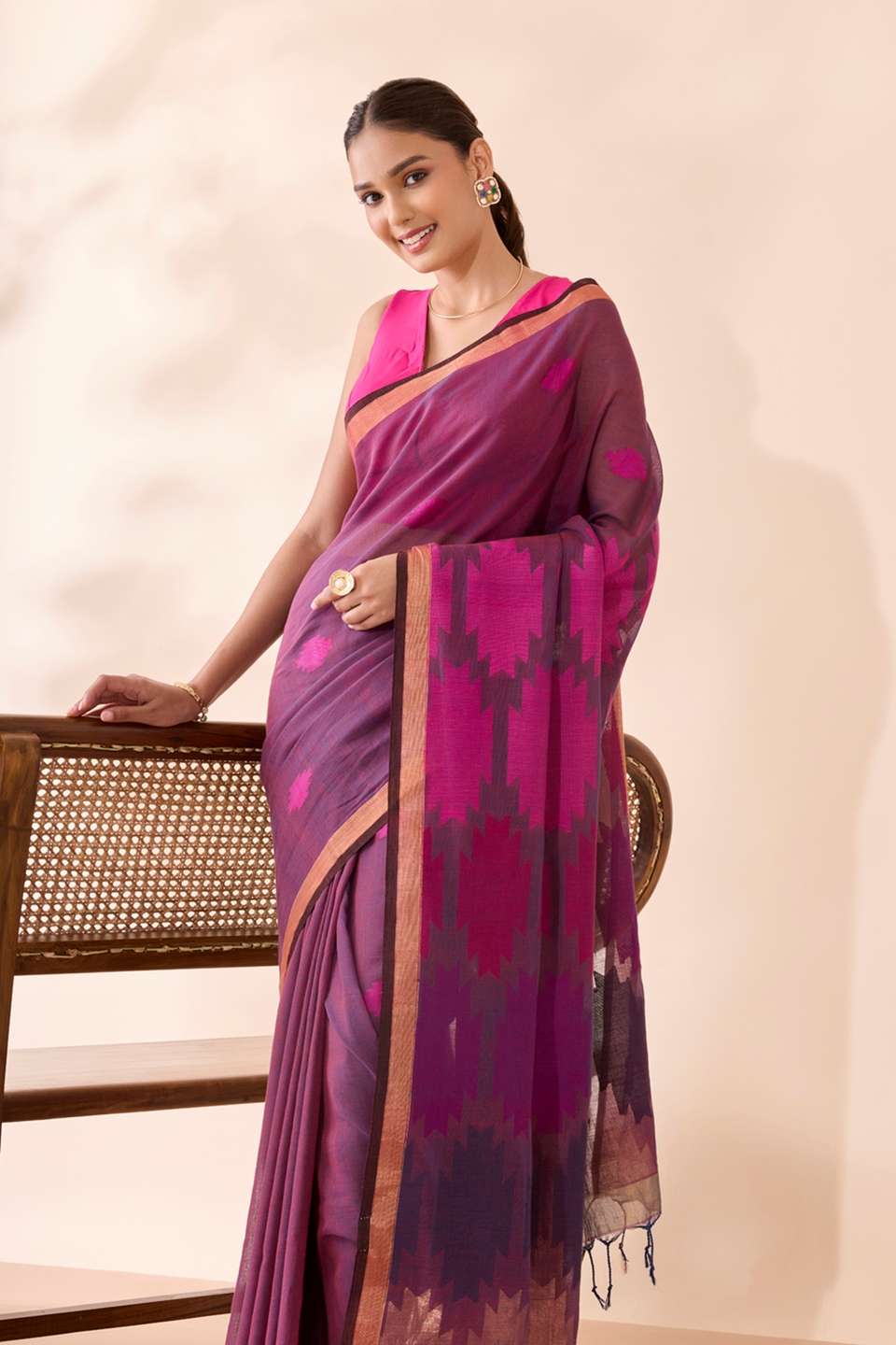 Purple Woven Pure Cotton Bengal Saree