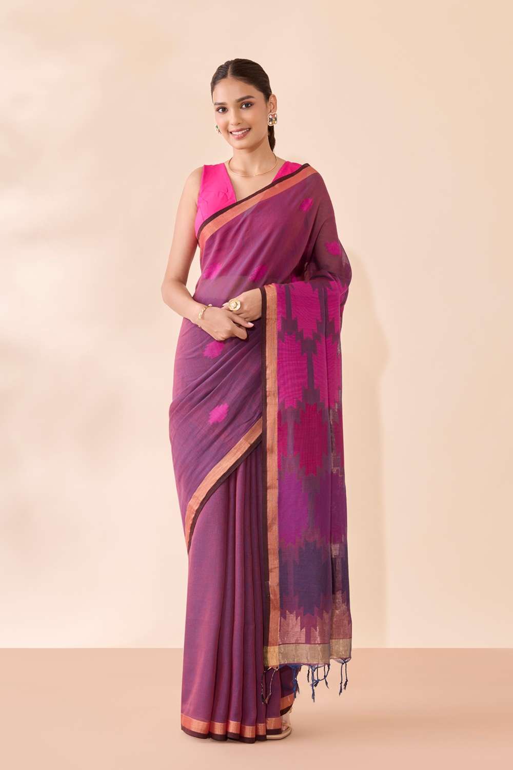 Purple Woven Pure Cotton Bengal Saree image number null
