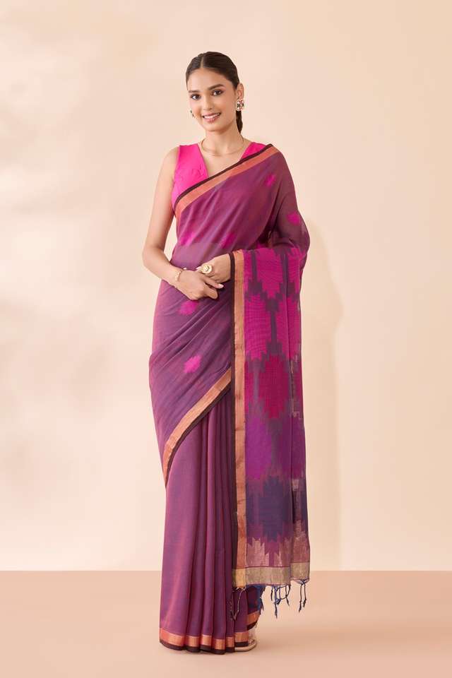 Purple Woven Pure Cotton Bengal Saree thumbnail image number null