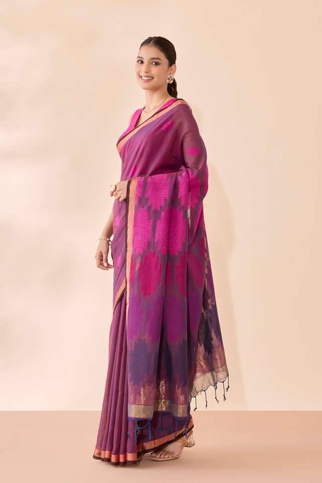 Purple Woven Pure Cotton Bengal Saree thumbnail image number null