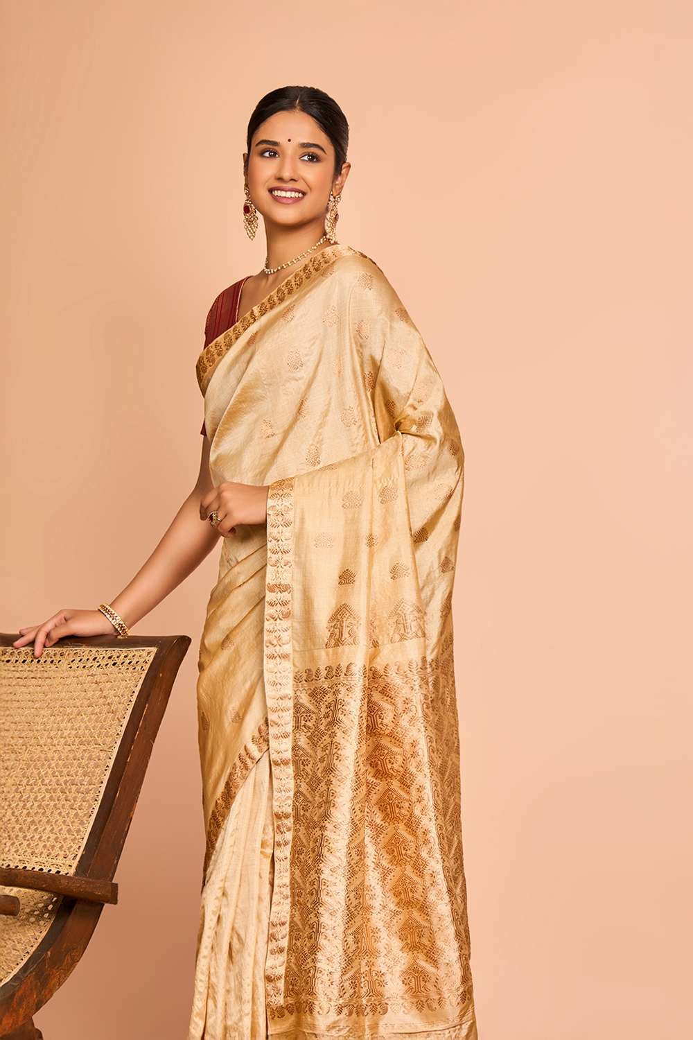 Beige Assam Woven Pure Tussar Silk Saree image number null