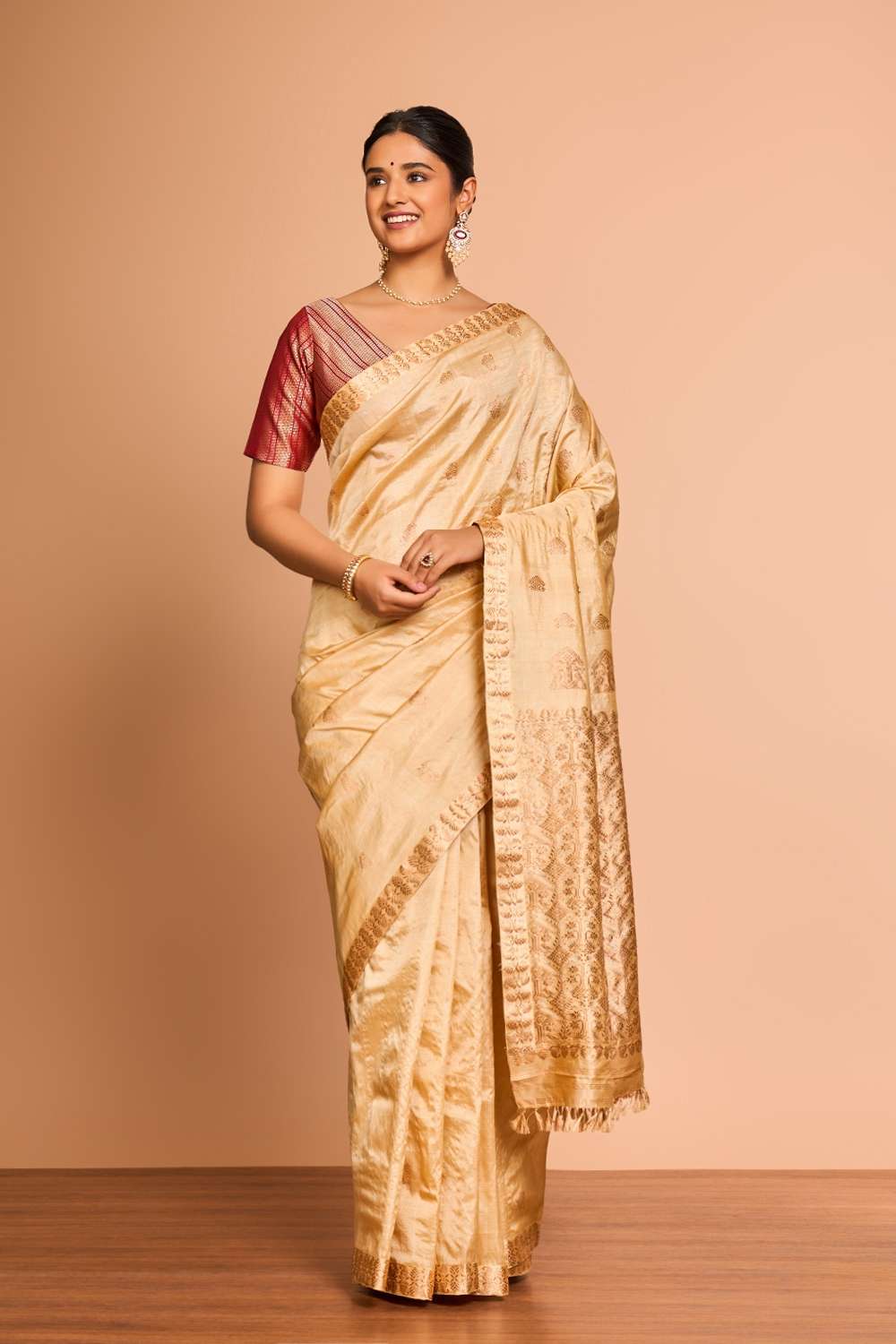 Beige Assam Woven Pure Tussar Silk Saree image number null