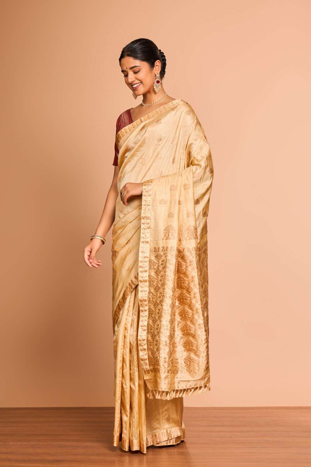 Beige Assam Woven Pure Tussar Silk Saree image number null