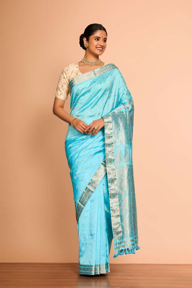 Light Blue Assam Woven Pure Silk Saree thumbnail image number null