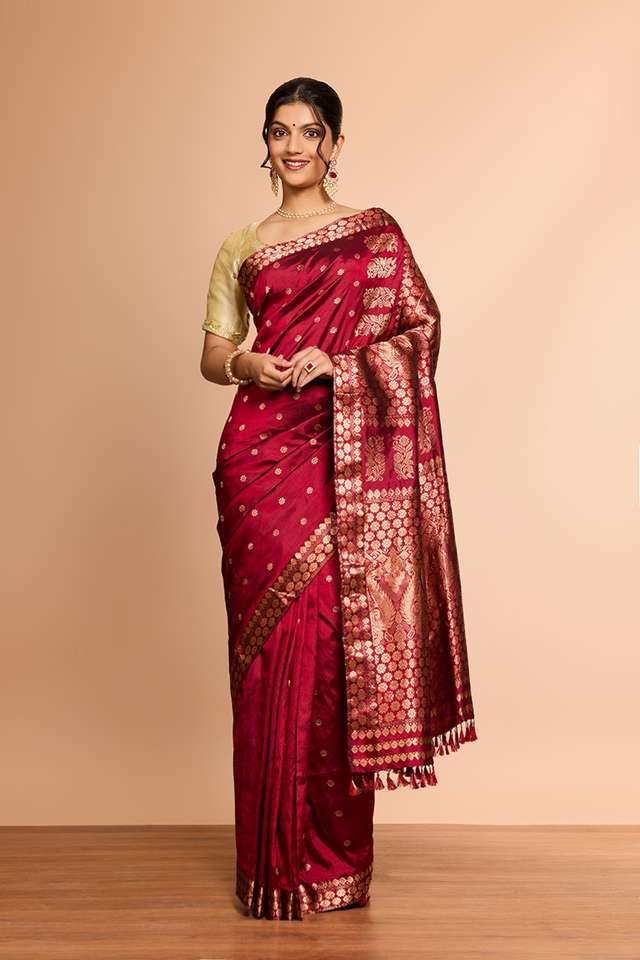 Red Assam Woven Pure Silk Saree thumbnail image number null