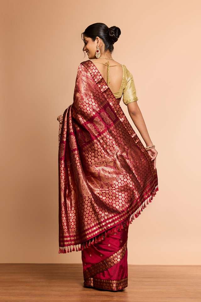 Red Assam Woven Pure Silk Saree thumbnail image number null