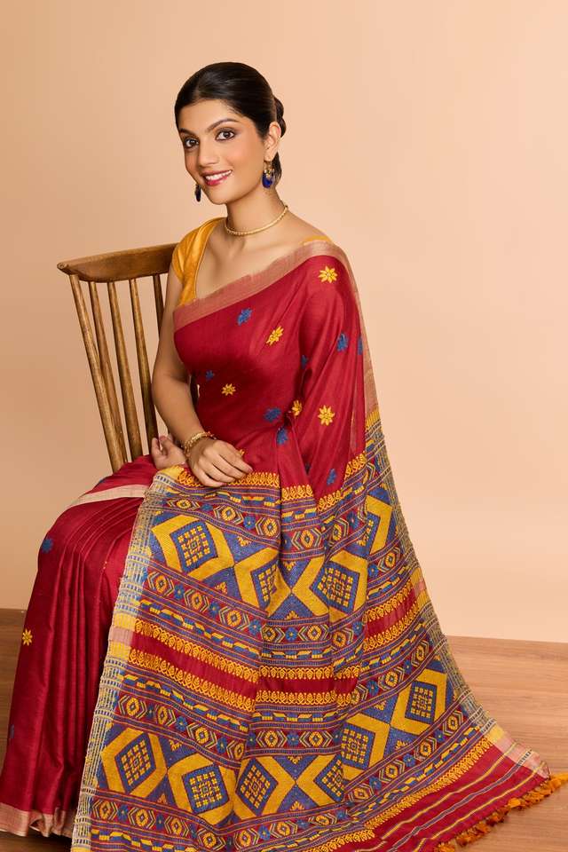 Red Assam Woven Pure Eri Saree image number