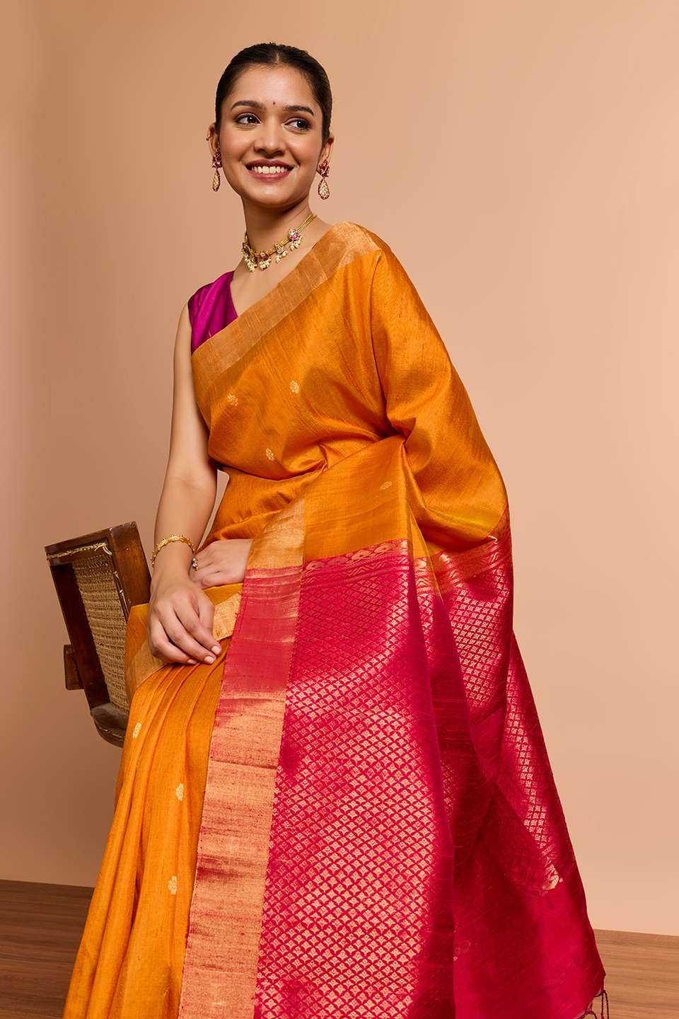 Orange Woven Soft Pure Silk Tussar Saree