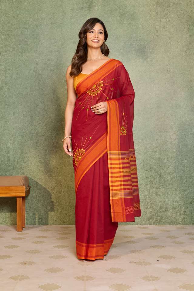 Dark Red Karnataka Pure Cotton Lambani Saree image number