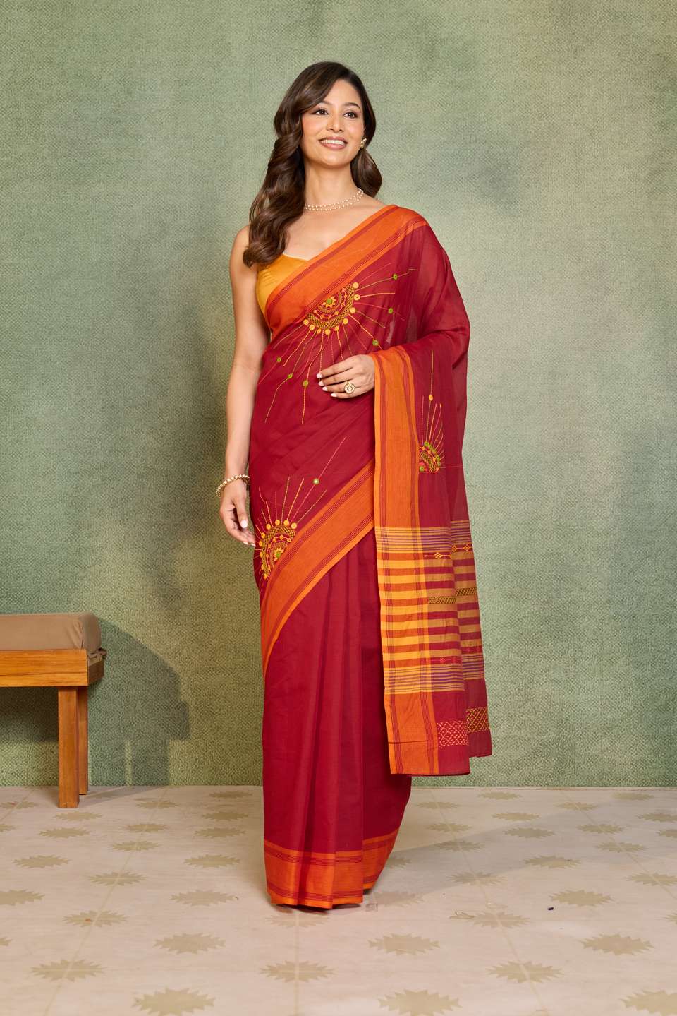 Dark Red Karnataka Pure Cotton Lambani Saree