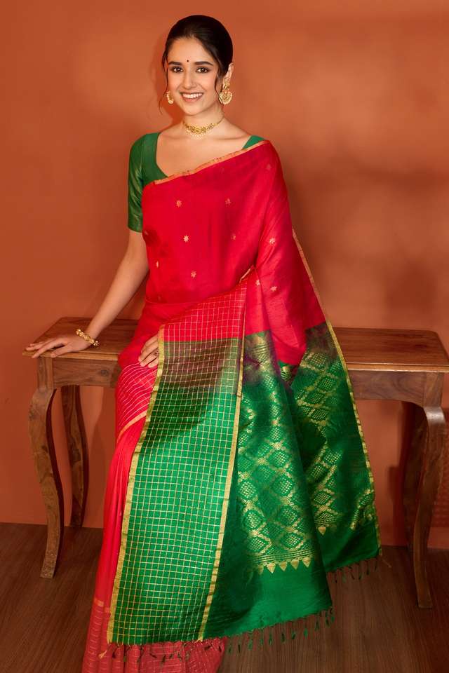 Red Woven Pure Silk Tussar Saree image number