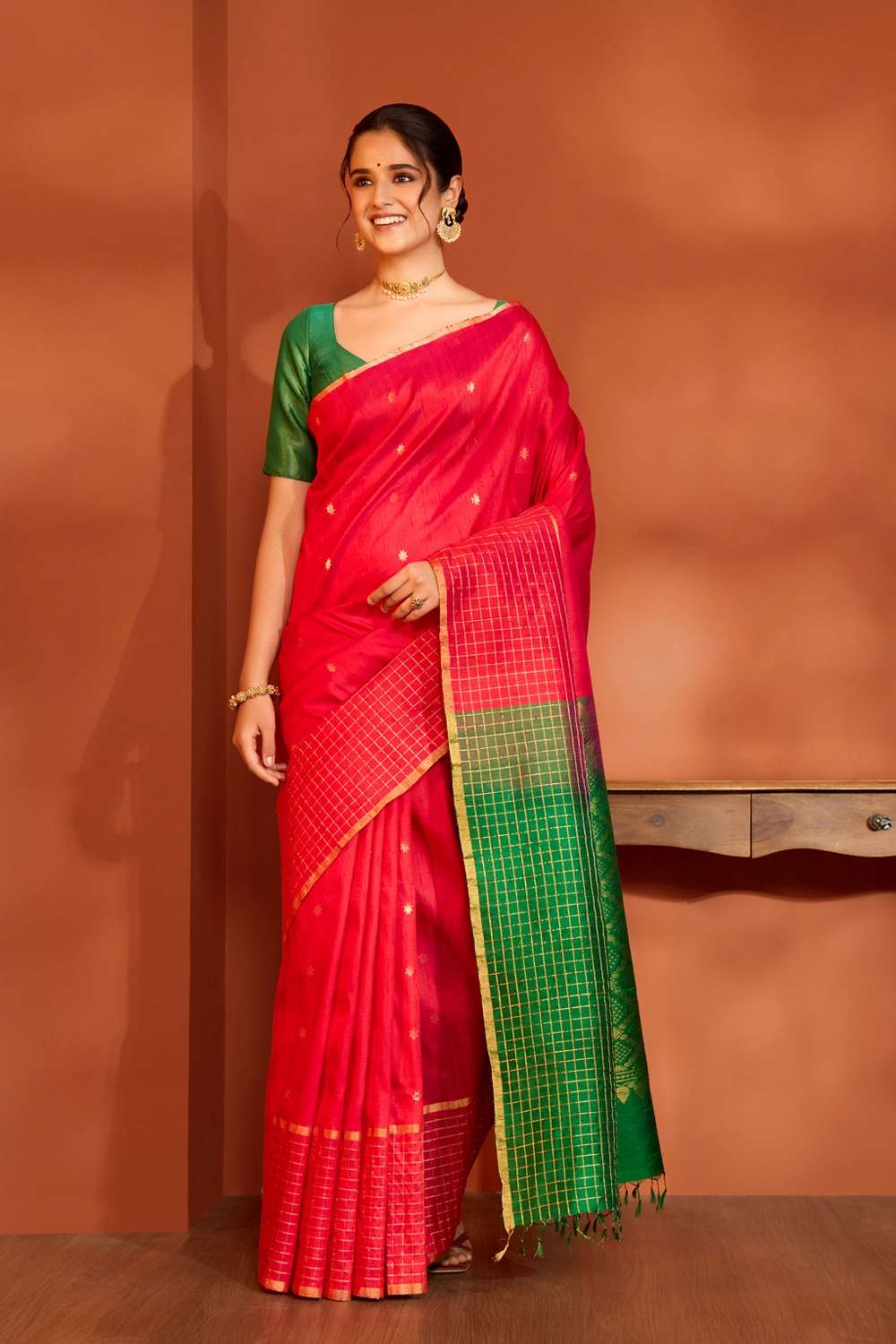 Red Woven Pure Silk Tussar Saree image number null