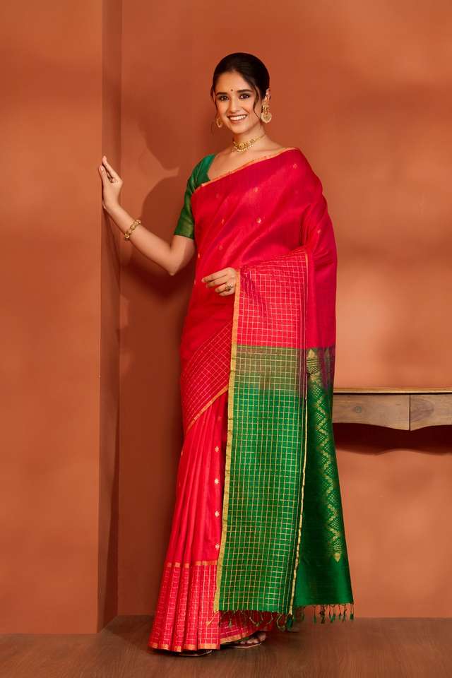 Red Woven Pure Silk Tussar Saree thumbnail image number null