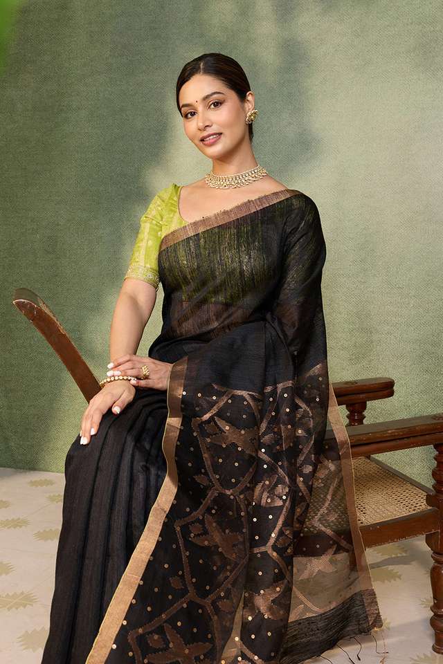 Black Bengal Pure Silk Vanya Jamdani Saree image number