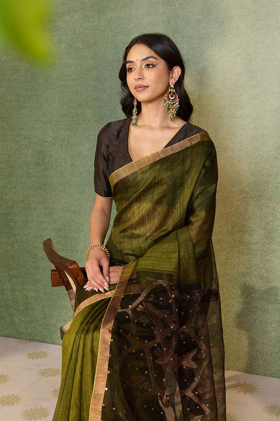 Dark Green Jamdani Pure Silk Vanya Bengal Saree