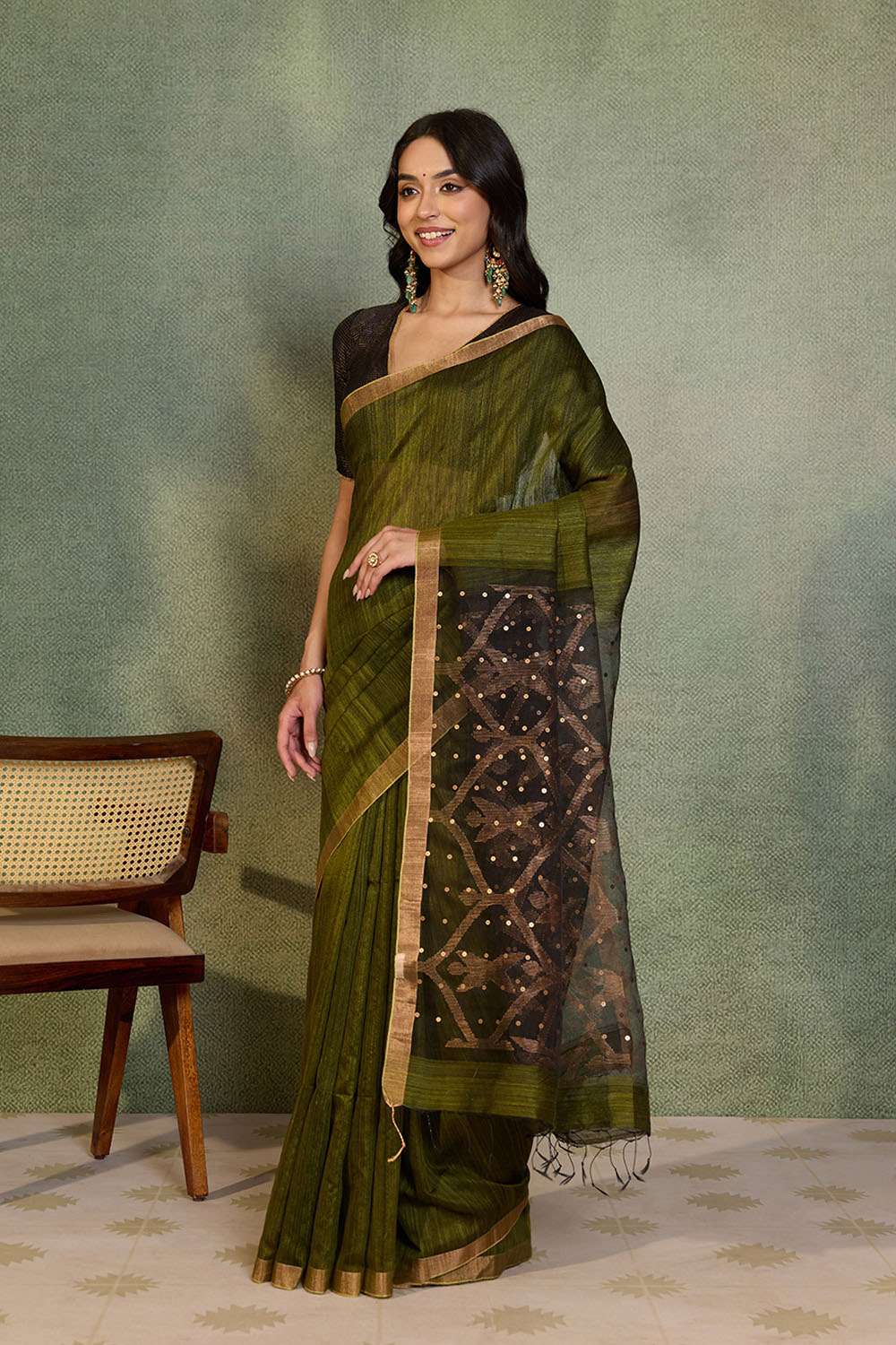 Dark Green Jamdani Pure Silk Vanya Bengal Saree image number null
