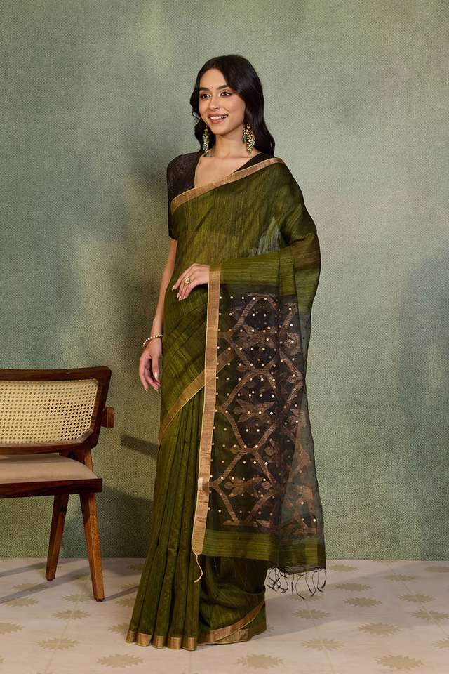 Dark Green Jamdani Pure Silk Vanya Bengal Saree thumbnail image number null