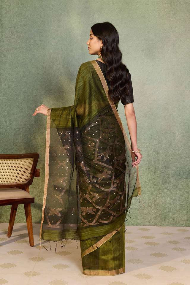 Dark Green Jamdani Pure Silk Vanya Bengal Saree thumbnail image number null