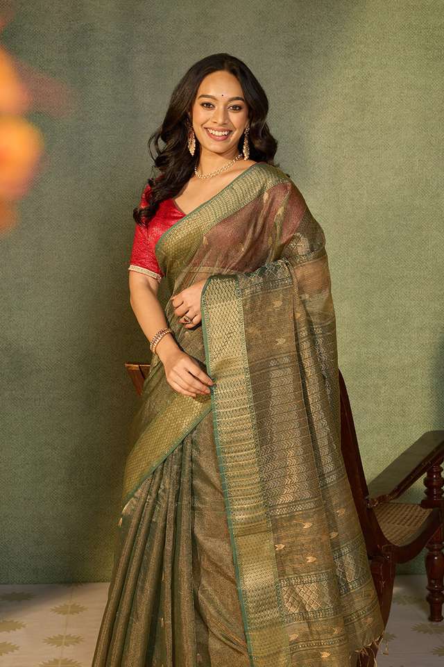 Dark Green Woven Pure Tissue Cotton Maheshwari Saree image number