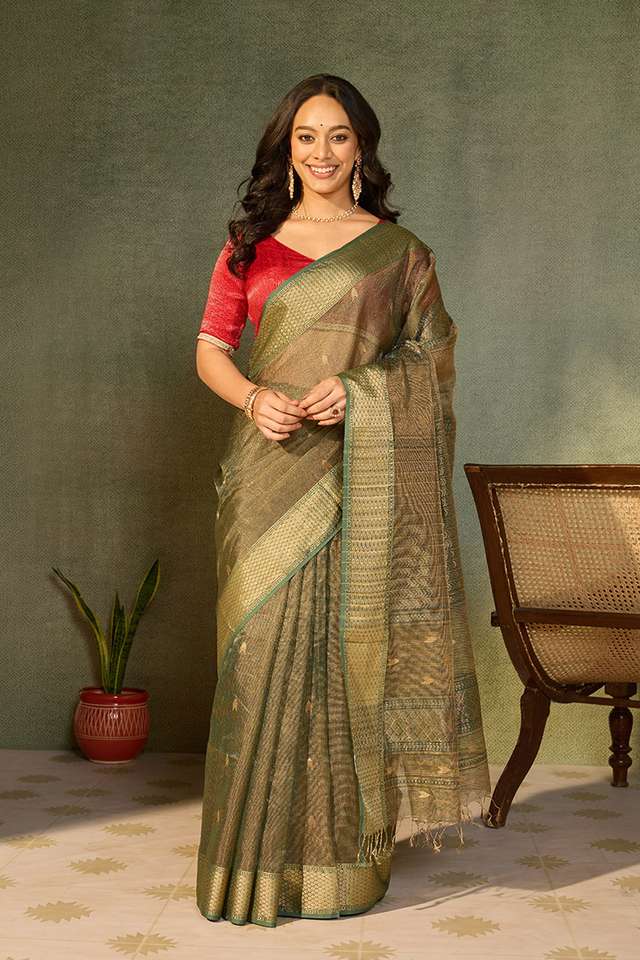 Dark Green Woven Pure Tissue Cotton Maheshwari Saree thumbnail image number null