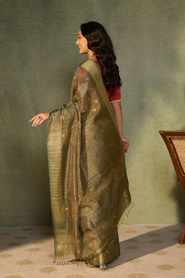 Dark Green Woven Pure Tissue Cotton Maheshwari Saree thumbnail image number null