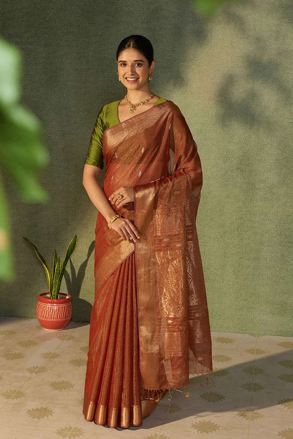 Red Woven Pure Tissue Cotton Maheshwari Saree