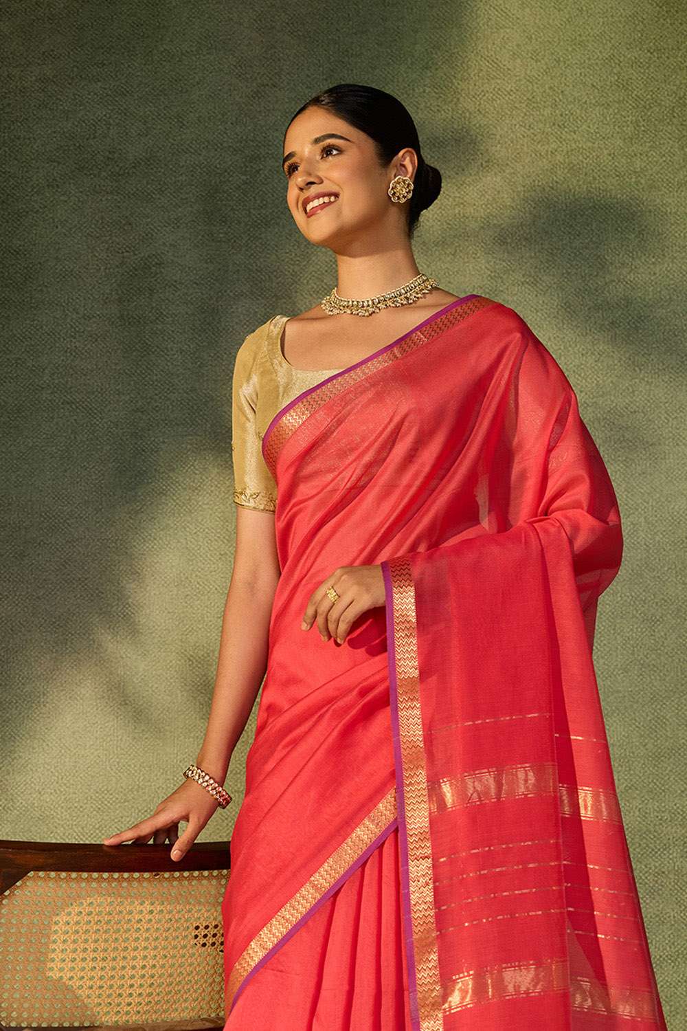 Dark Pink Woven Pure Silk Cotton Maheshwari Saree image number null