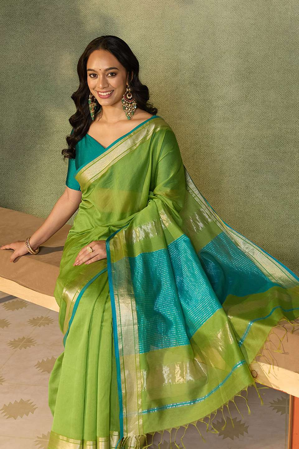 Light Green Woven Pure Silk Cotton Maheshwari Saree