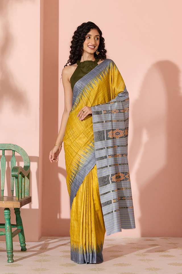 Yellow Ikat Pure Tussar Silk Gopalpur Saree thumbnail image number null