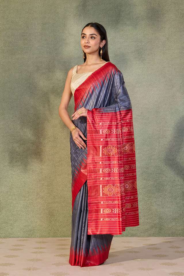 Grey Gopalpur Pure Tussar Silk Ikat Saree thumbnail image number null