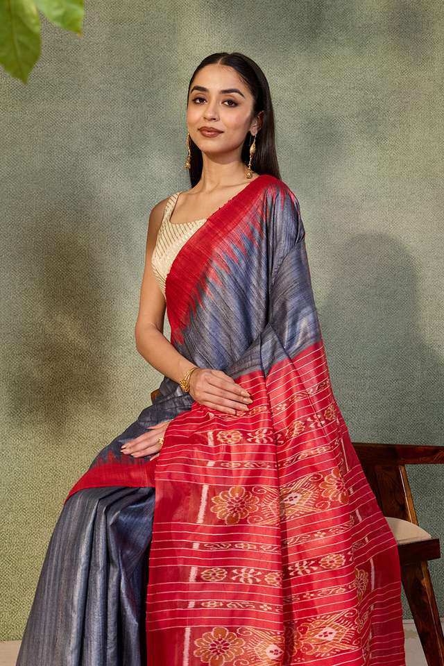 Grey Gopalpur Pure Tussar Silk Ikat Saree thumbnail image number null