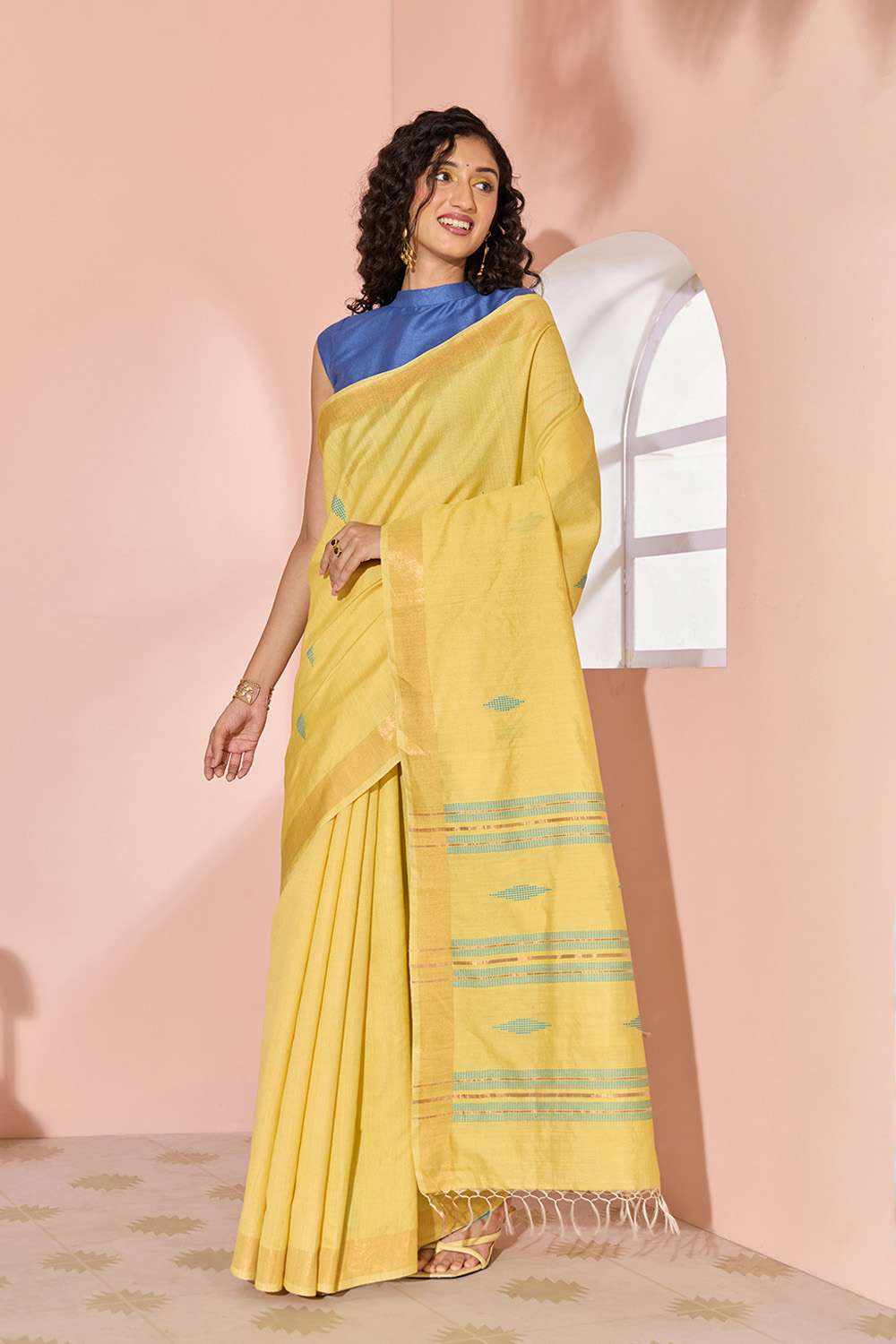 Yellow Woven Silk Viscose Bhagalpur Saree image number null