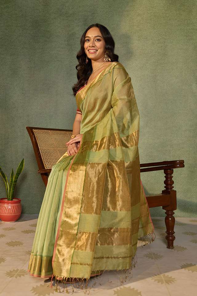 Light Green Woven Pure Tissue Cotton Maheshwari Saree image number