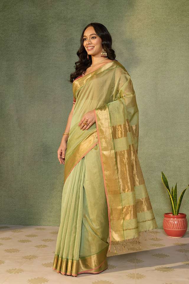 Light Green Woven Pure Tissue Cotton Maheshwari Saree thumbnail image number null