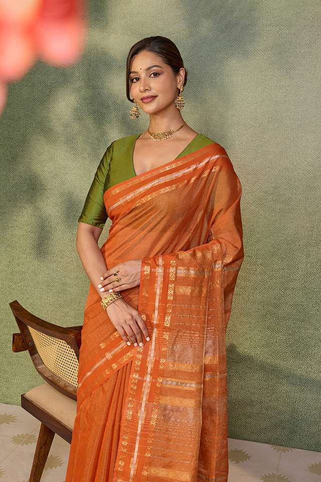 Dark Orange Woven Pure Tissue Cotton Maheshwari Saree image number