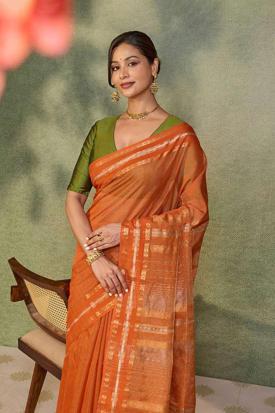 Dark Orange Woven Pure Tissue Cotton Maheshwari Saree