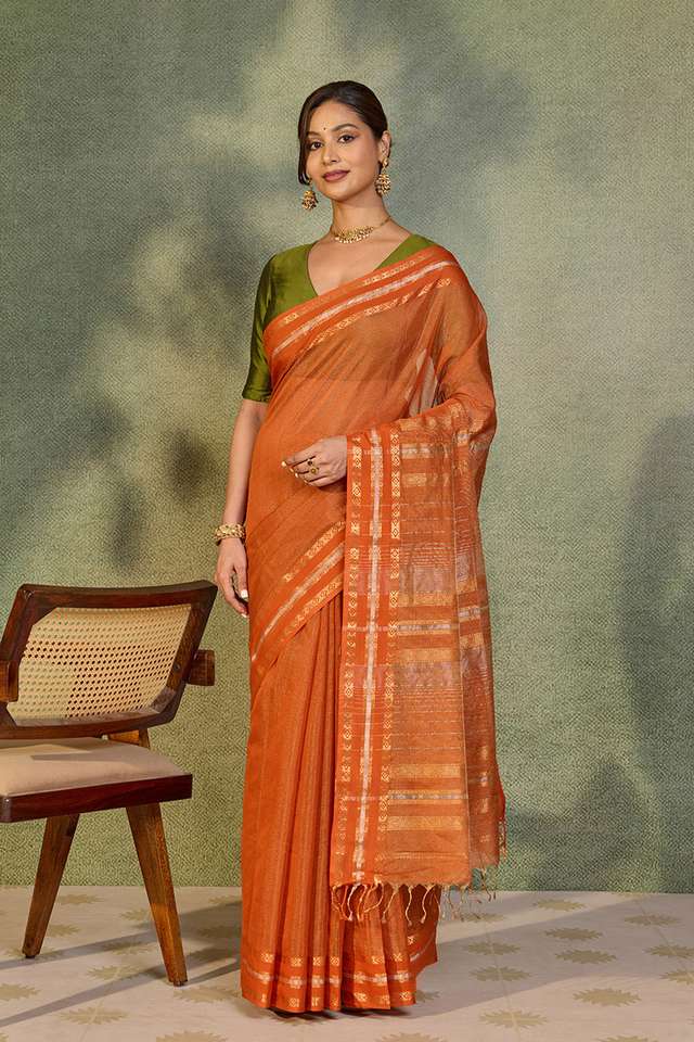 Dark Orange Woven Pure Tissue Cotton Maheshwari Saree thumbnail image number null