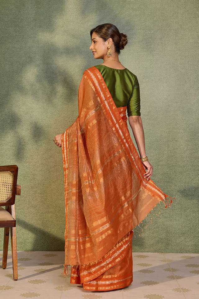 Dark Orange Woven Pure Tissue Cotton Maheshwari Saree thumbnail image number null