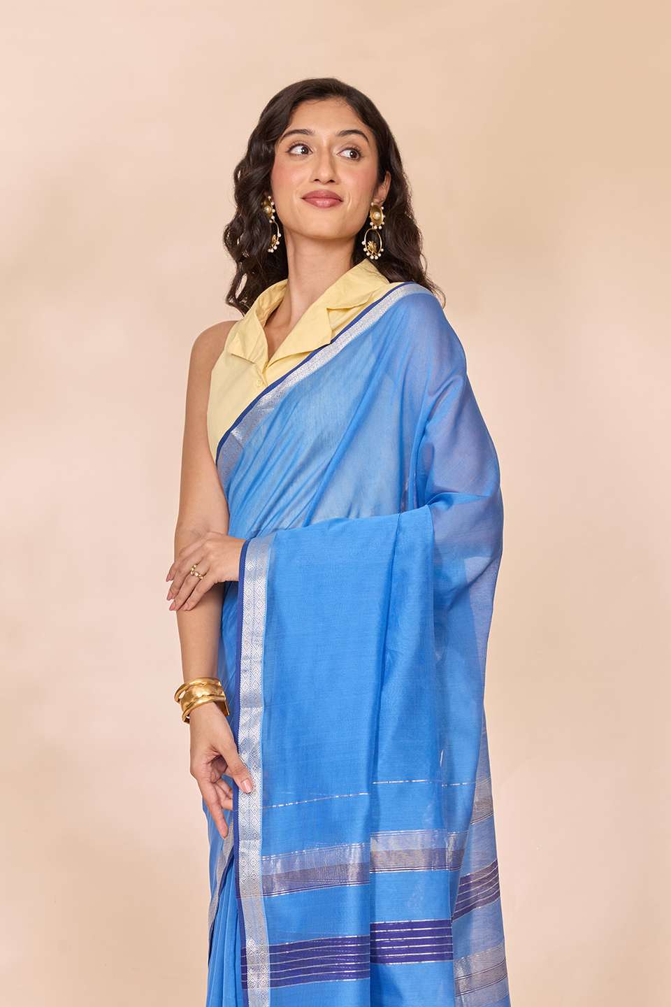Light Blue Woven Pure Silk Cotton Maheshwari Saree