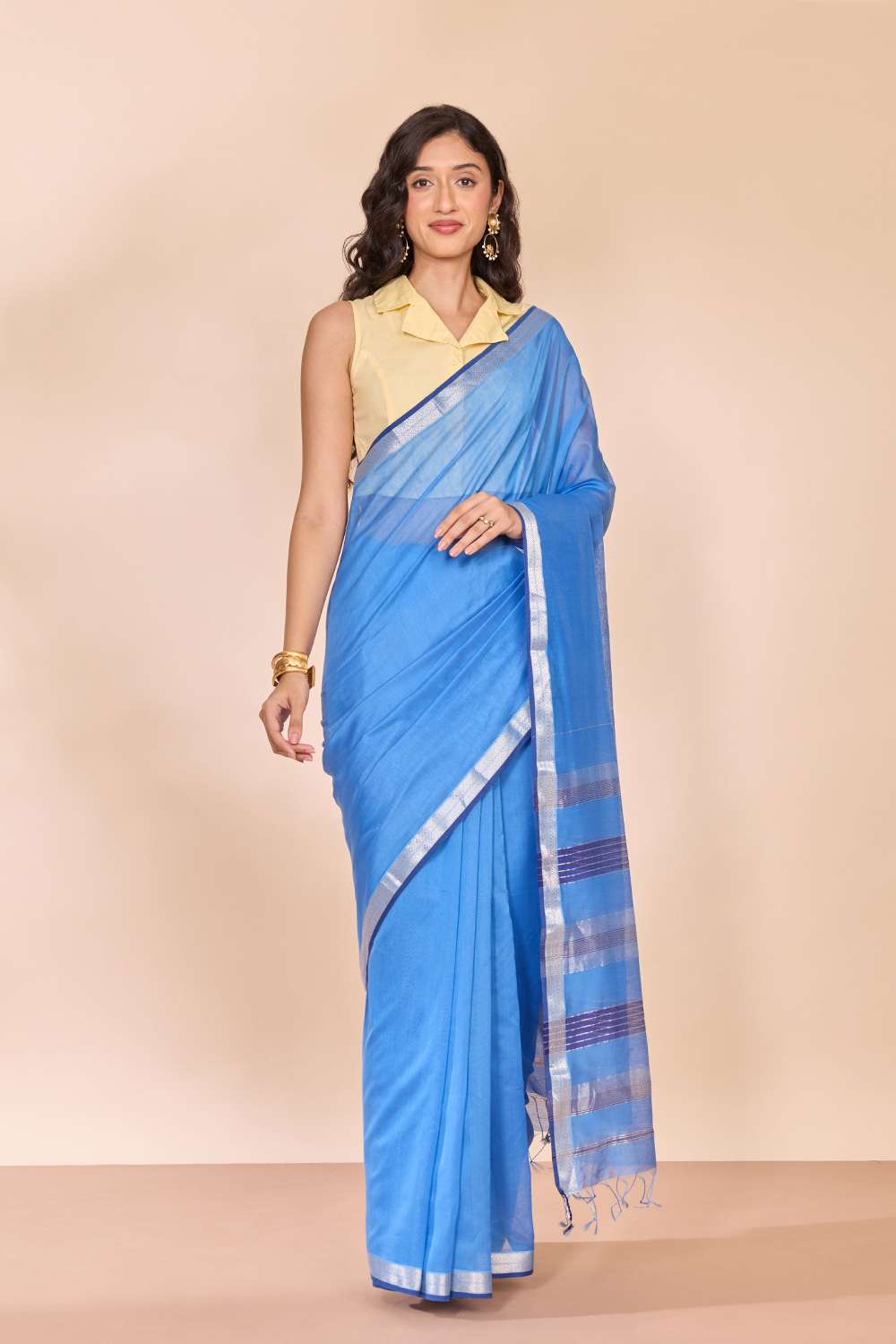 Light Blue Woven Pure Silk Cotton Maheshwari Saree image number null