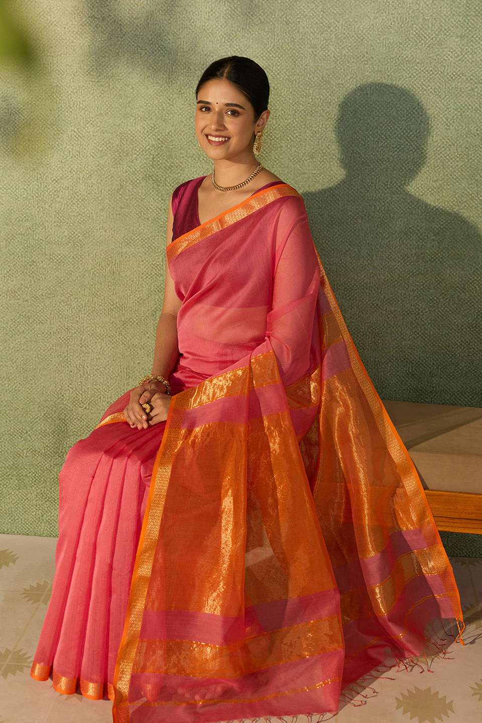 Pink Woven Pure Silk Cotton Maheshwari Saree